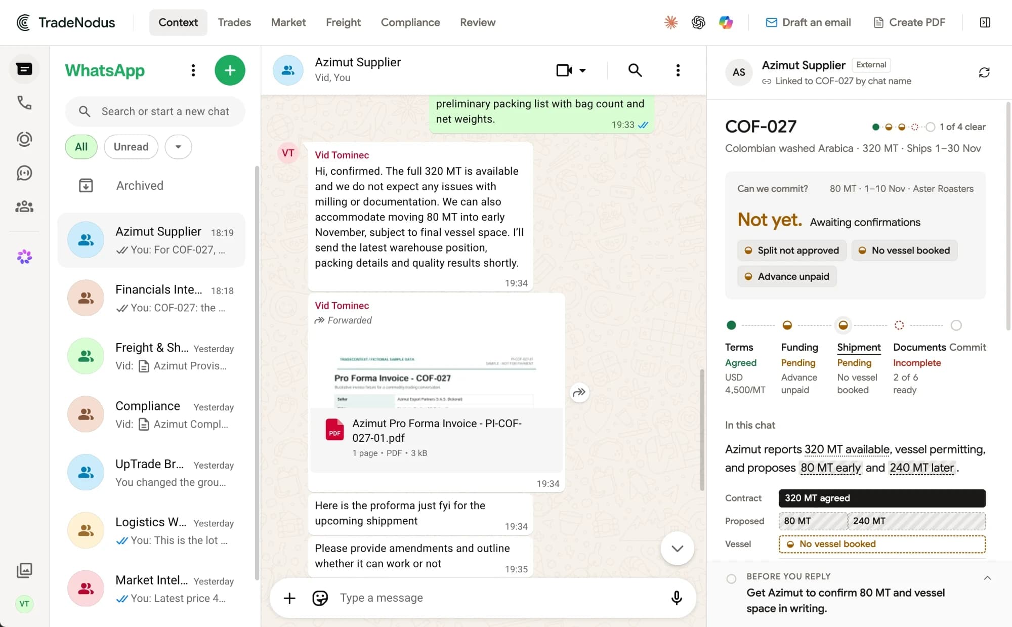 WhatsApp Web with the Azimut Supplier chat open. The TradeNodus sidebar shows COF-027 with the verdict Not yet, three blockers, the four-stage route and a suggested reply.